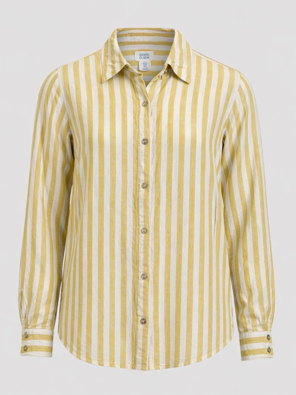Sigrid Olsen Yellow and White Vertical Stripe Linen Blend Button-Down Shirt sz M